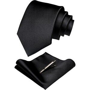 Men's Black Colour Formal Necktie and Pocket Square Tie Clip Sets